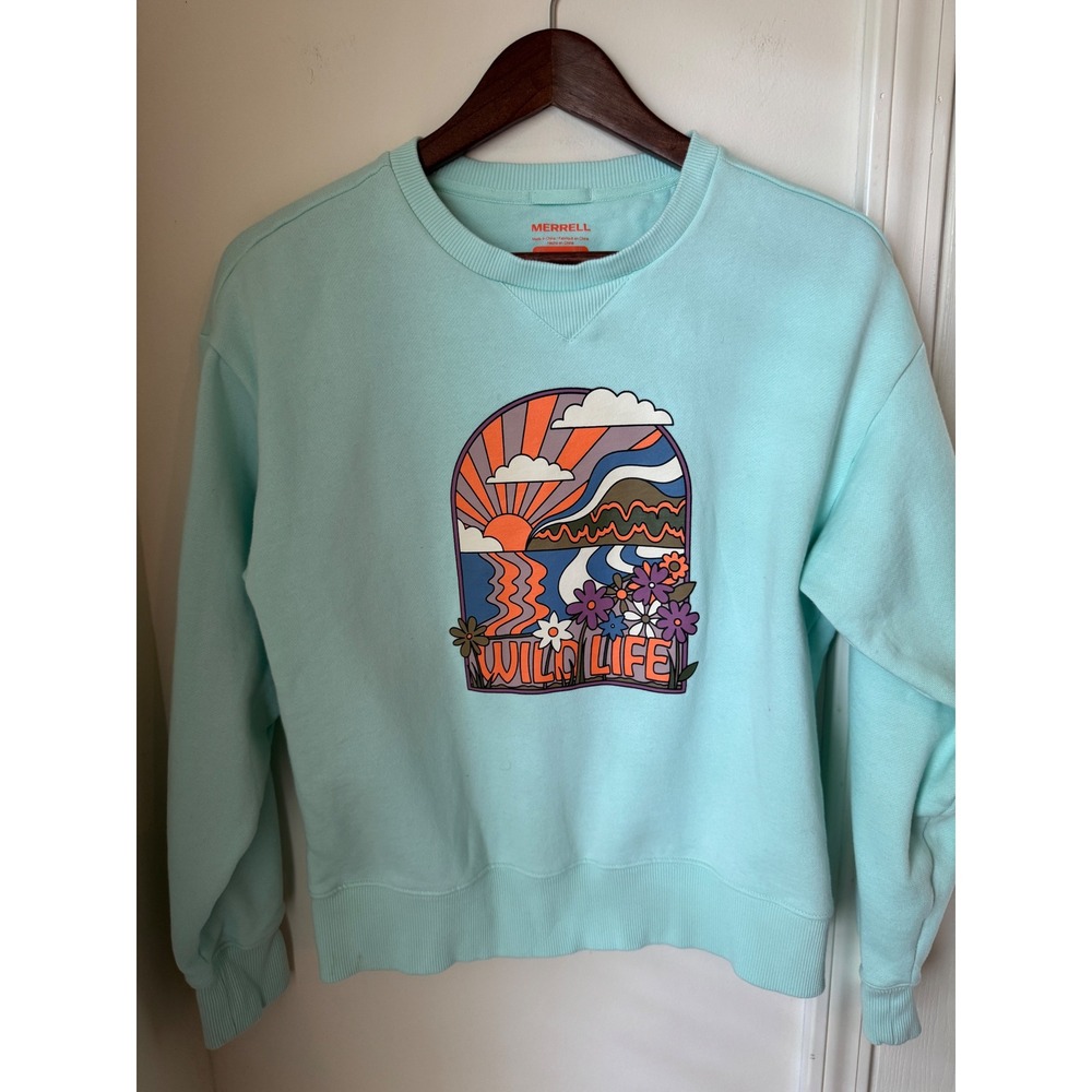 Merrell Womens Mint Green Wild Life Graphic Crewneck Sweatshirt Size Small